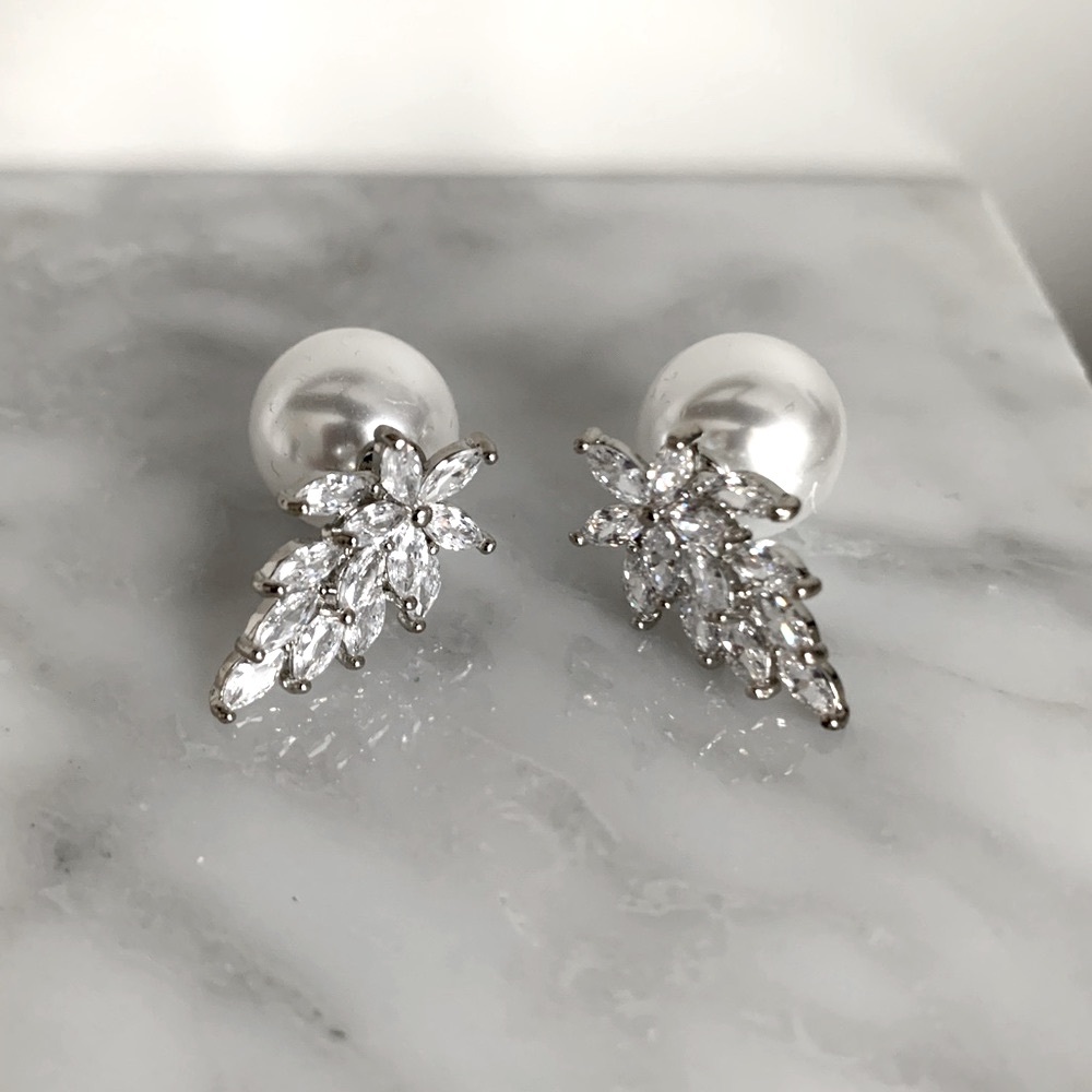 Drop Earrings with pearl, silver and CZ stones floral Studs